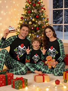 Christmas Family Pajama Set, Featuring A Green Monster Print Long-Sleeved Top And Plaid Pants. Christmas Loungewear, Christmas Parent-Child Outfits, Christmas Pajamas. - 綠色 - 查看 2