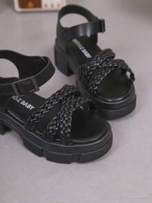 1 Pair Girls' Outdoor Sandals, New Summer Design, Round Toe Woven Criss-Cross Hook And Loop, Fashionable & Elegant, Lightweight & Non-Slip, Girls' High Heel Sandals - Black - View 7