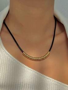 1pc Fashionable Minimalist Retro Exaggerated Multi-Circle Geometric Leather Cord Necklace Choker - Black - View 2