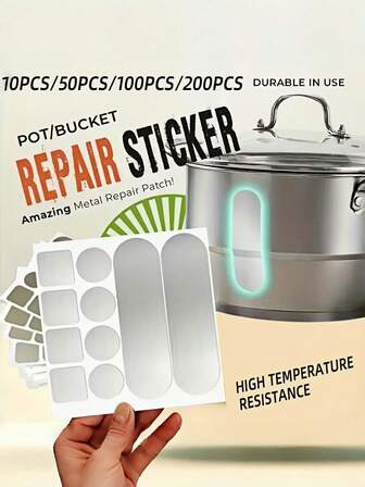 10pcs/50pcs/100pcs/200pcs Pot/Bucket Crack Repair Patches, Stainless Steel Pot Repair Patches, Bucket Repair Patches, Pot Repair Patches, Practical Pot & Bucket Repair Tape Kit, Waterproof, Oil-Resistant, High-Temperature Resistant Aluminum Foil Tape, Essential Household Item