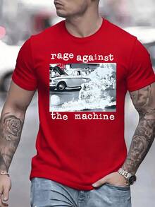 Black And White Scene Showing A Vintage Car With Its Hood Open, Surrounded By People And A Figure Engulfed In Intense Flames, Conveying A Powerful Message Of Social Protest. Men's T-Shirt, 100% Cotton, 220g - 紅色 - 查看 1