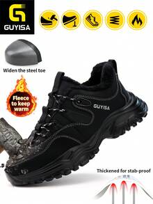 GUYISA Zapatos de para invierno, con puntera de acero anti-aplastamiento y anti-perforación, suela gruesa, zapatillas deportivas de aspecto recio, suela de goma ligera, estilo patchwork de tela de moda, suaves y cómodos, funcionales para trabajo en exteriores en invierno, cálidos y seguros - Negro - Ver 2