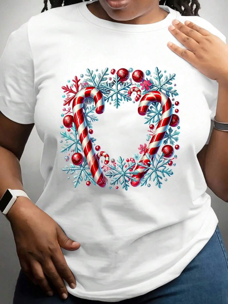 Plus Size Christmas Candy Cane Heart Print T-Shirt Festive Holiday Design For Women And Men Winter Celebration Party Wea (1) - trắng - Xem 1