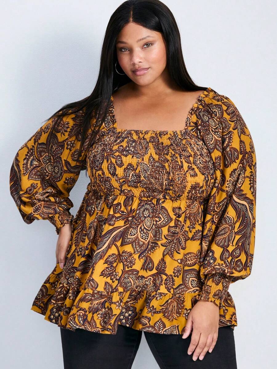 Women's Floral Print Ruffle Hem Vacation Blouse Spring - Orange - View 1