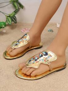 1 Pair Girls' Fashion Casual Embroidered Butterfly Flat Slip-On Sandals, Comfortable For Spring/Summer - Gold - View 2