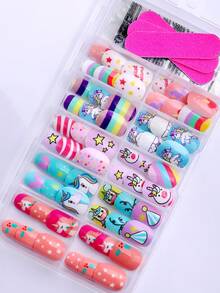 NAIO 120 pièces/set Autocollants d'ongles à presser style Baddie Y2K pour enfants, en matériau acrylique, pré-enduits de gel, couvrance intégrale, motifs pailletés et mignons incluant des éléments arc-en-ciel, licorne, cœur et étoile, autocollants d'ongles adhésifs courts, livré avec 3 pièces de gel de gelée et 3 pièces de lime à ongles, parfait pour les petites filles - thème licorne mignon. Fournitures pour ongles - Multicolore - Voir 3