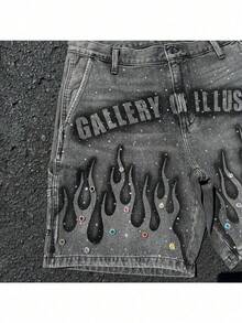 Loose Casual  New American Washed Personalized Design Hot Diamond Denim Shorts Design Sense High Street Straight Trousers - Black - View 2