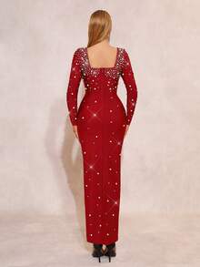 New Fashionable Bandage With High-End Texture, Heavy-Duty Hot Stamping Handmade Nail Beads Sexy Square Neck Gowns Formal Dinner Birthday Party Gowns - Burgundy - View 6