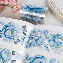 Journaling Scrapbook PET Tapes - Floral Scrapbooking Junk Journal Supplies, Flower Decorative Tapes Art Crafts, Aesthetic Washi Tapes Scrapbooking Supplies, Floral Journaling Tapes - 藍色牡丹 - 查看 7