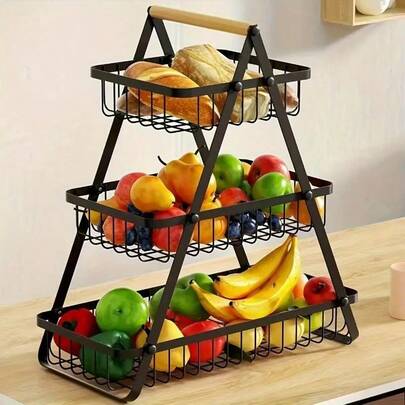 1 Piece Of 3-Layer Metal Countertop Fruit Basket With Detachable Wooden Handle - A Sturdy Kitchen Storage Organizer For Fresh Produce, Bread, And Snacks - Perfect For Home And Kitchen Display, Kitchen Fruit Basket, Bread Box, Fruit Plate, Kitchen Fruit Basket