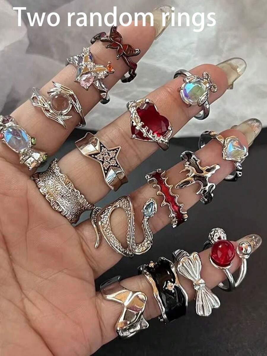 2pcs/Set Random Gothic Punk Hip Hop Edgy Dark Ring Set - Snake Ring, Heart Ring, Star Ring, Adjustable Open Design Versatile Rings, Suitable For Women, Valentine's Day Gift, Party Gift, Holiday Gift, Gift For Friends - Two Random Items - View 1