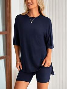 PRETTYGARDEN Women's Summer Clothes 2 Piece Sets Lounge Set Casual Oversized Shirts Biker Shorts Matching Airport Travel Sweatsuit Set Women Vacation Outfit Navy Blue Summer Brunch Outfits  For Women - 藏蓝色 - 查看 6