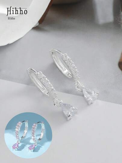 Hihho 1雙簡約風水滴造型鑲嵌懸垂耳環,時尚配件適用於日期和送禮