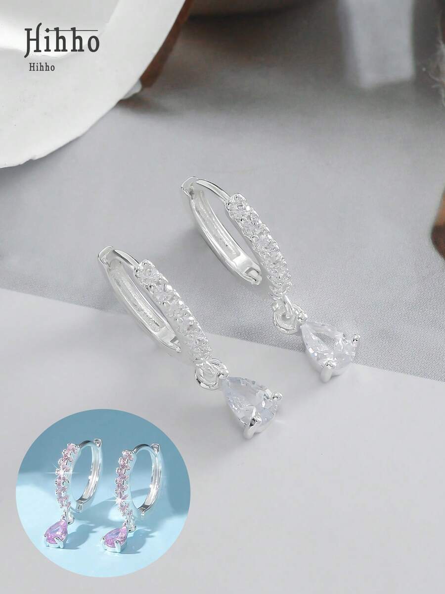 Hihho 1 Đơn Giản Hình Giọt Nước Khảm Hạt Tòn Ten Bông Tai, Phụ Kiện Thời Trang Cho Ngày Tặng Quà - Bạc - Xem 1