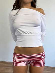 Womens Fold Over Yoga Shorts Dot/Stripe Low Rise Elastic Waist Y2k Lounge Shorts Foldover Cute Skinny Pajama Micro Bottoms Mini Shorts Sleepwear - 紅色 - 查看 4