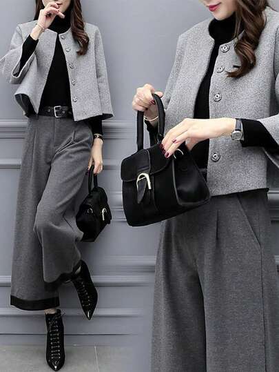 レディーススーツ、ウールスーツ、コートとワイドレッグパンツのツーピースセット、カジュアルスーツ、グレースーツ