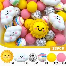 32/42颗卡通日月星硅胶珠套装 - 黄色太阳星星藏蓝色月亮设计 - 非常适合DIY手工制作钥匙扣、项链、手链、装饰笔、珠宝和吊坠 - 适合返校季、万圣节、圣诞节、节日礼物、生日礼物 - 太陽星星月亮 - 查看 18