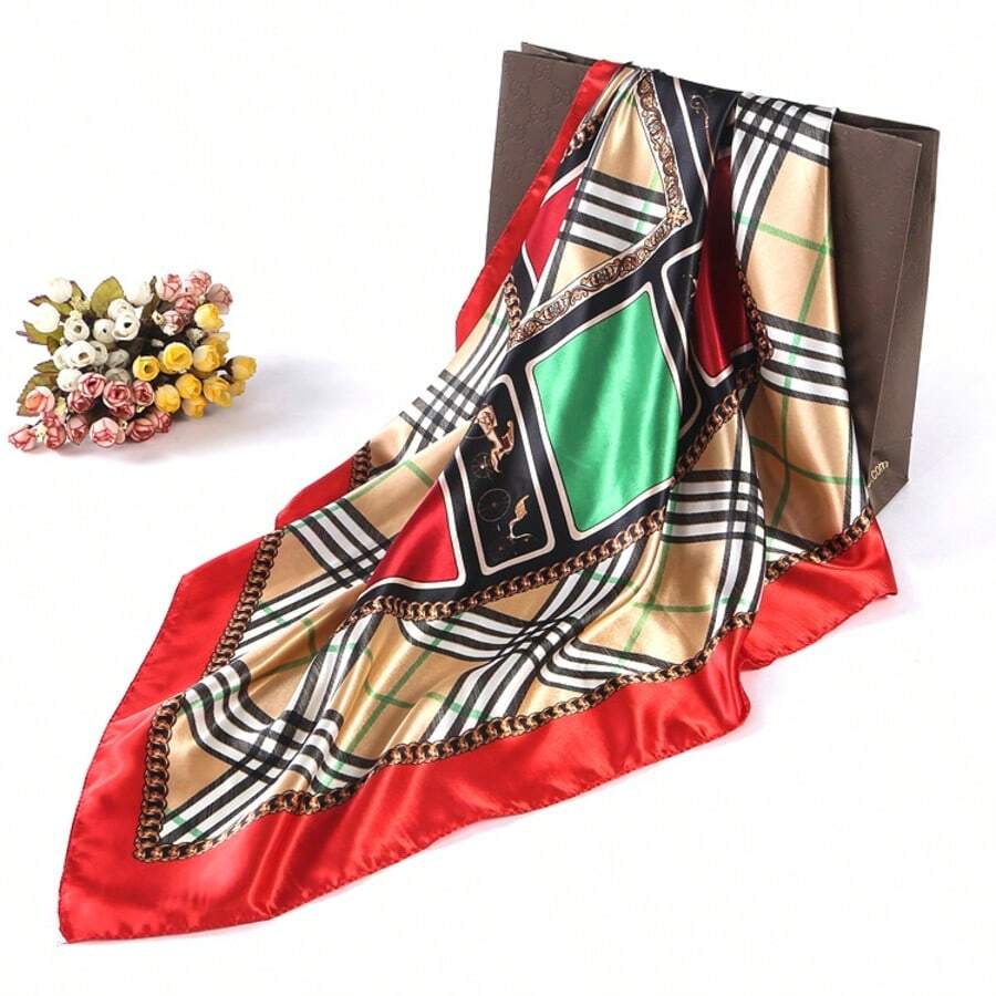 Women's Large Square Satin Scarf 90x90 Chic Polyester Printed - Red 1 - View 1