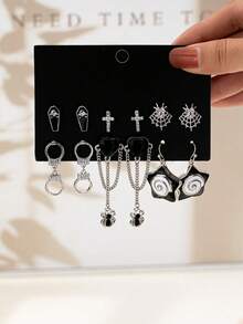 6 Pairs Gothic Star Rhinestone Cross Skull Hollow Thorn Interlocking Circle Star Brooch Set, Fashionable Creative Party Accessories - Multicolor - View 10