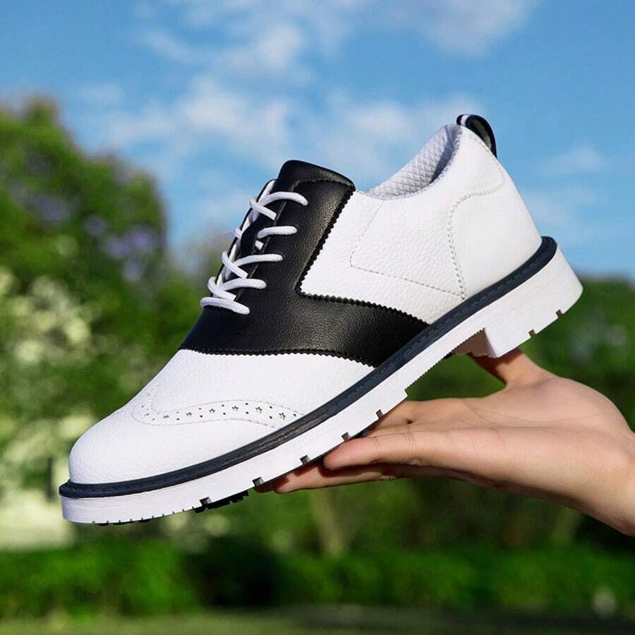 Women's Sports Style Golf Shoes, Fashion Spikes, Business Oxford, Comfortable Casual Lace-Up Sneakers - White and Black - View 1