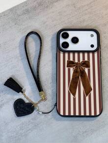 1 Stück Vintage Mode personalisierter brauner gestreifter Schleifen Design wasserdichter stoßfester rutschfester hochwertig geprägter weicher Textur Handyhülle + modisches herzförmiges Kunstleder Lanyard Armband, kompatibel mit Apple, Smartphones, tolles Geschenk für Freunde, Familie, Paar, Geburtstage, Feiertage - Verschiedenfarbig - Übersicht 2