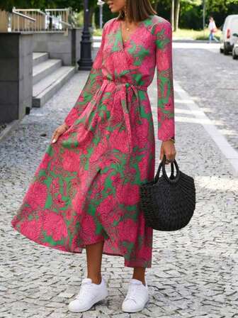 Plus Size Floral Print Overlap Collar Long Sleeve Dress, Casual Autumn