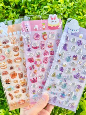 3D 可爱水晶浮雕贴纸，萌萌卡通动物幽灵贴纸，兔子和熊贴纸，透明防水环氧树脂贴纸，适合作为奖励礼物，DIY 手机壳装饰，可爱又有趣，可用于装饰水瓶、冰箱、手机、笔记本等。