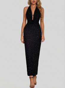 Sedessea Rückenfrei, tiefer V-Ausschnitt, Pailletten-Mesh Bodycon Abendkleid, elegant - Schwarz - Übersicht 2