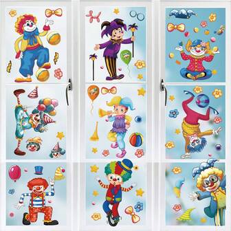 1 Set Of 9pcs Clown Carnival Decorative Window Stickers, Removable Glass Decals For Bedroom, Dining Room, Study, Bathroom, Door And Window Glass Decoration