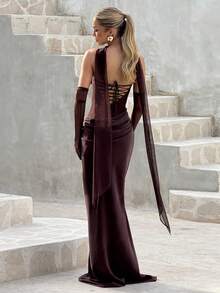 纯色优雅褶皱拉链无袖铅笔裙，适合婚礼宾客、海滩穿着（含围巾） - 紫紅色 - 查看 8