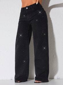 Jeans casuales de cintura baja y pierna ancha de color azul con bolsillos en sesgo y adornos con cuentas - Negro - Ver 5