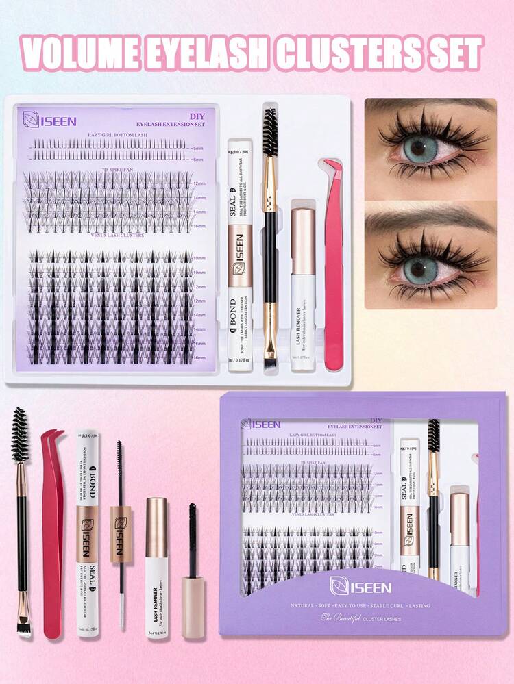 280pcs/240pcs/168pcs D-Curl/C-Curl Eyelash Extension Kit, Individual Lash Clusters, D-Curl Curled, Includes Lash Glue, Remover, Setting Gel And Applicator Brush For DIY Lash Extension At Home - Purple - View 12