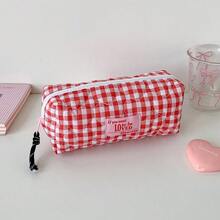 1个韩式绗缝爱心格纹铅笔袋，学生文具收纳包，便携式收纳袋，女生蝴蝶结格子铅笔袋笔盒，基础款单隔层甜美设计，学生返校必备 - 彩色 - 查看 12