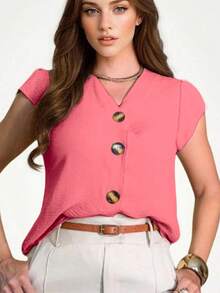 Women's Short-Sleeved Blouse/Shirt In Duna Fabric With Buttons, New 2025, European And American Style. - Watermelon Pink - View 7
