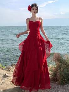 Spring/Summer Elegant Red Spaghetti Strap Dress French Chic Asymmetrical Ruffles Waist Slimming A-Line Dresses Suitable For Valentine's Day, Party & Wedding Guest - Red - View 8