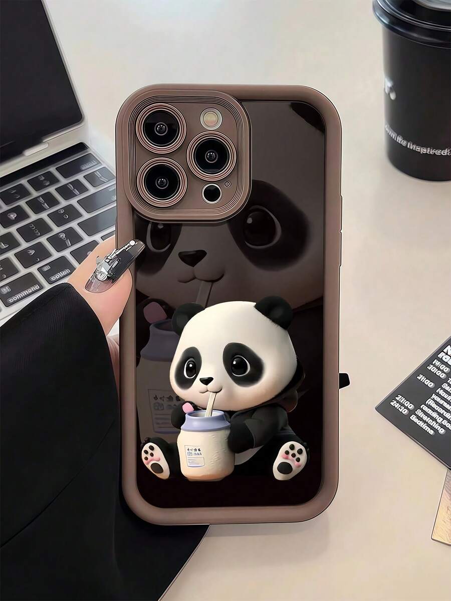 1pc Brown Panda Shadow Cartoon Minimalist Full Coverage TPU Shockproof Phone Case Compatible With Apple 17, 16, 15, 14, 13, 12, 11 Pro Max, Air, And Series - Multicolor - View 1