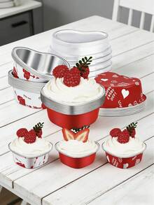 10pcs/25pcs/60pcs Heart Shaped Aluminum Foil Mini Cupcake Liners - 3.4oz/100ml Disposable Heat-Resistant Baking Cups With Lids - Suitable For Wedding, Valentine's Day, Birthday Party Supplies - Multicolor - View 2