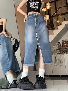 High Waist Asymmetrical Slit Denim Skirt, Slimming Frayed Hem Long Skirt For Women - Blue - View 4