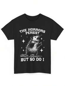 [Graphic Cotton T-Shirt] Unisex Cotton Graphic T-Shirt | 1Pc Possum Crew Neck Casual T-Shirt With Slogan "Horrors Persist, But So Do I", Geometric Pattern, Knit Fabric, Elastic Fit For Gym, Workout, Outdoor - All Seasons, Rock - 黑色 - 查看 1
