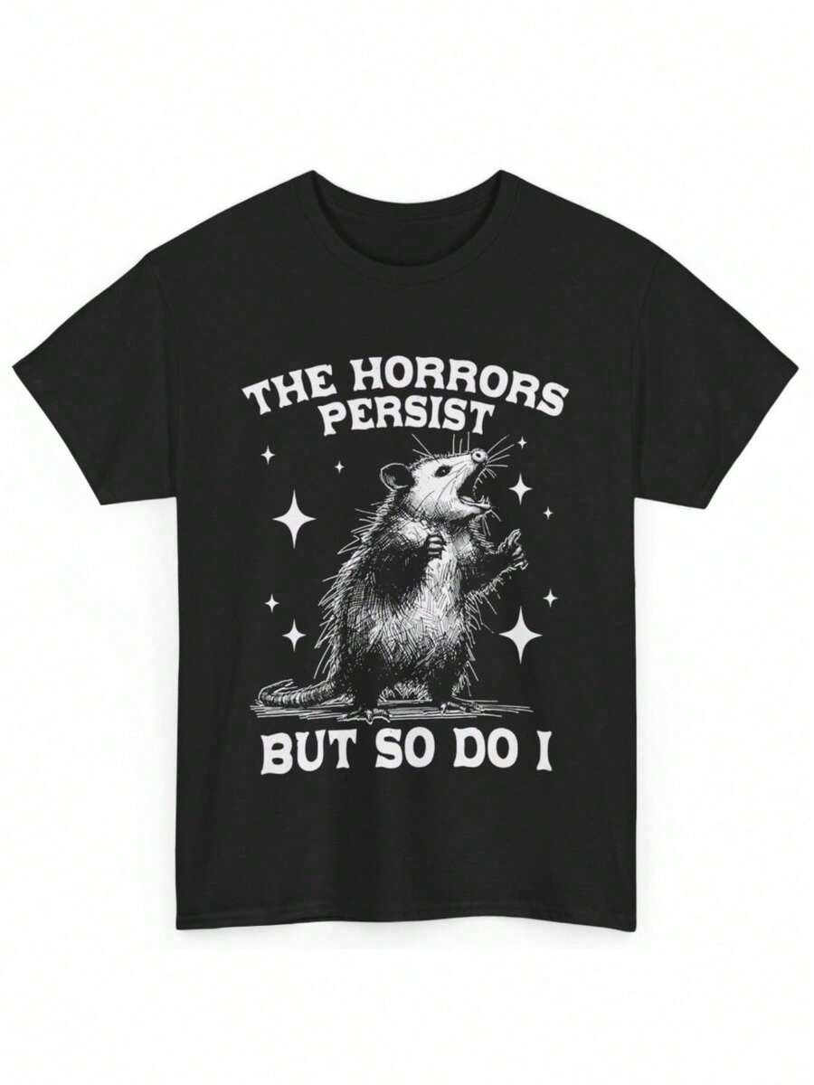 [Graphic Cotton T-Shirt] Unisex Cotton Graphic T-Shirt | 1Pc Possum Crew Neck Casual T-Shirt With Slogan "Horrors Persist, But So Do I", Geometric Pattern, Knit Fabric, Elastic Fit For Gym, Workout, Outdoor - All Seasons, Rock - 黑色 - 查看 1