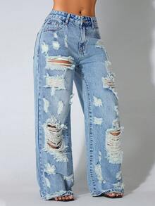 Quần jeans nữ ống rộng cạp thấp màu xanh dương bạc màu, túi xéo, dáng suông, thích hợp cho mùa xuân. - Rửa nhẹ - Xem 5