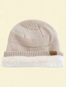 JZML 1pc Unisex Letter Label Decor Plush Lined Slouchy Beanie - 卡其色 - 查看 2