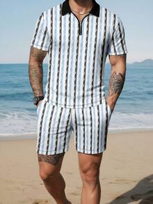 Men's Casual Striped Zip-Up Polo Shirt & Shorts Set, Summer - Multicolor - View 3
