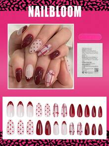 24片中号杏仁形情人节美甲贴片，酒红色蝴蝶结格子法式美甲，新年裸色假指甲，全覆盖亮面套装，包含：1片果冻胶和1个指甲锉，易于佩戴，适合日常美甲和法式美甲，适合女性和女孩日常生活及派对使用。 - 彩色 - 查看 2