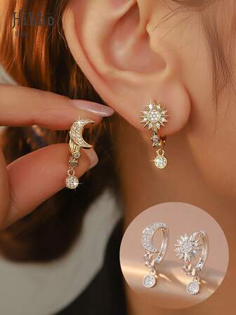 Hihho 1 Pair Asymmetric Sun & Moon Element Earrings, Luxurious Romantic Cosmic Style, Available In Gold & Silver Colors, Featuring Asymmetric Sun + Moon Design Decorated With Cubic Zirconia, Combining Romantic Cosmic Vibe And Delicate Sparkling Quality, Suitable For Dates, Casual Parties, Daily Layering Looks