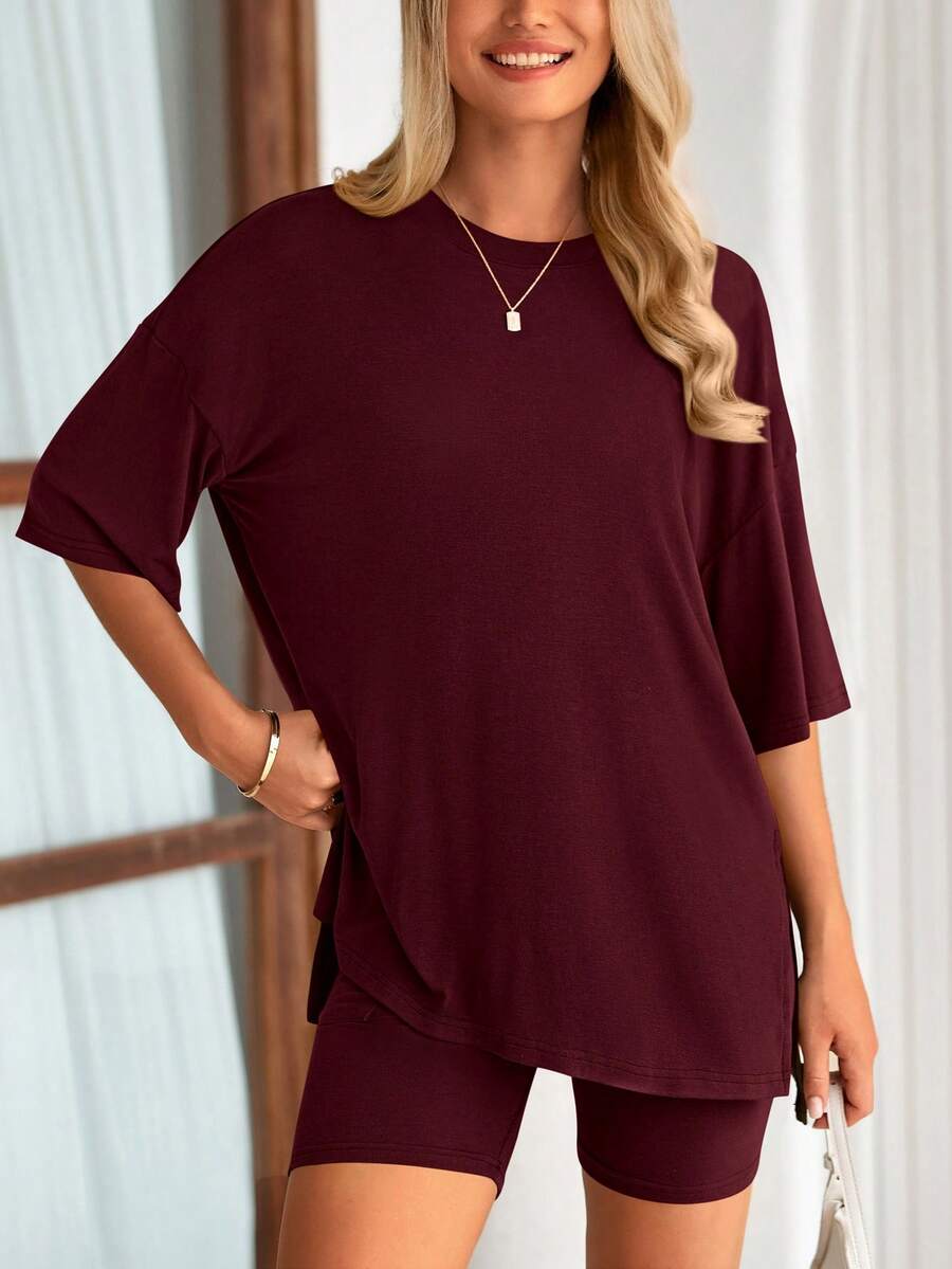 Women's Summer Clothes 2 Piece Sets Lounge Set Casual Oversized Shirts Biker Shorts Matching Airport Travel Sweatsuit Set Women Vacation Outfit Wine Red Summer Brunch Outfits For Women - 酒紅色 - 查看 1