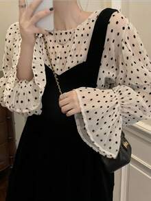 طقم بلوزة كم واسع مطبوع بنقاط وفستان مخملي أسود قطعتين، طقم ملابس للطالبات مناسب لأداء المجموعات على المسرح - متعدد الألوان - مشاهدة 2