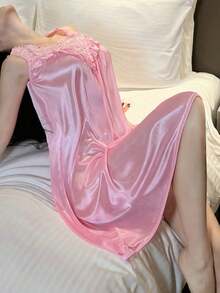 Ladies' Sexy Sleeveless Travel Nightgown With Solid Color Lace Details, Straight Tube Skirt Silhouette, Lightweight And Comfortable, Summer Hotel Sleepwear, Suitable For All Sizes - Hồng - Xem 8