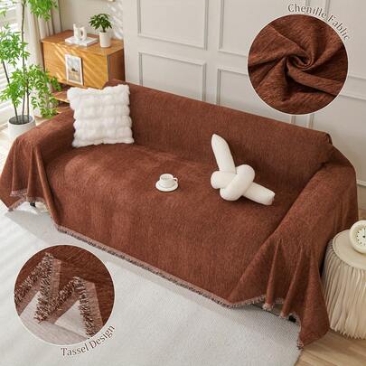91" Wide Full Cover Chenille Sofa Couch Protector Water Resistant Throw Sofa Blanket Cover Extra Large Anti Pet Cat Scratching Slipcover Machine Washable Furniture Protector Tassel Edge For Living Room Bedroom Office Home Decoration