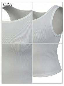 1件女士休闲简约纯色背心，基本款修身无袖罗纹针织方领背心。